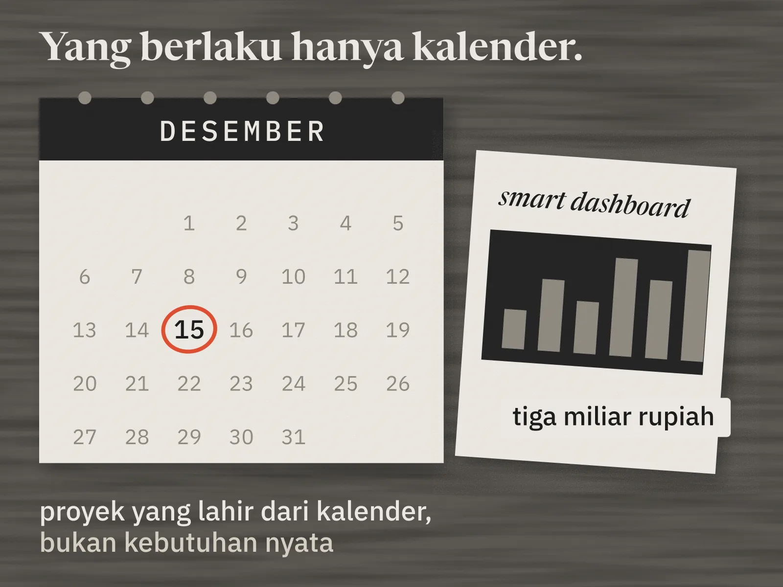 Kalender meja halaman Desember dengan tanggal 15 dilingkari merah. Di sampingnya brosur smart dashboard bergambar grafik batang, berlabel harga tiga miliar rupiah. Di bawahnya tertulis: proyek yang lahir dari kalender, bukan kebutuhan nyata.