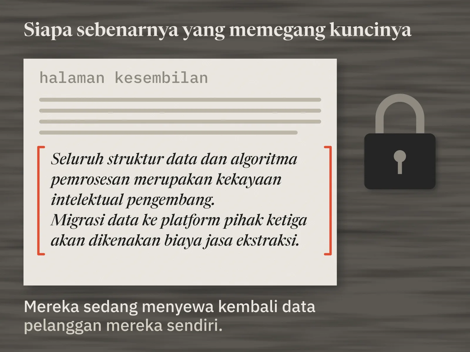 Halaman kesembilan sebuah kontrak lama. Klausul kecilnya dikurung merah: seluruh struktur data dan algoritma pemrosesan merupakan kekayaan intelektual pengembang; migrasi data ke platform pihak ketiga akan dikenakan biaya jasa ekstraksi. Di sampingnya sebuah gembok hitam.