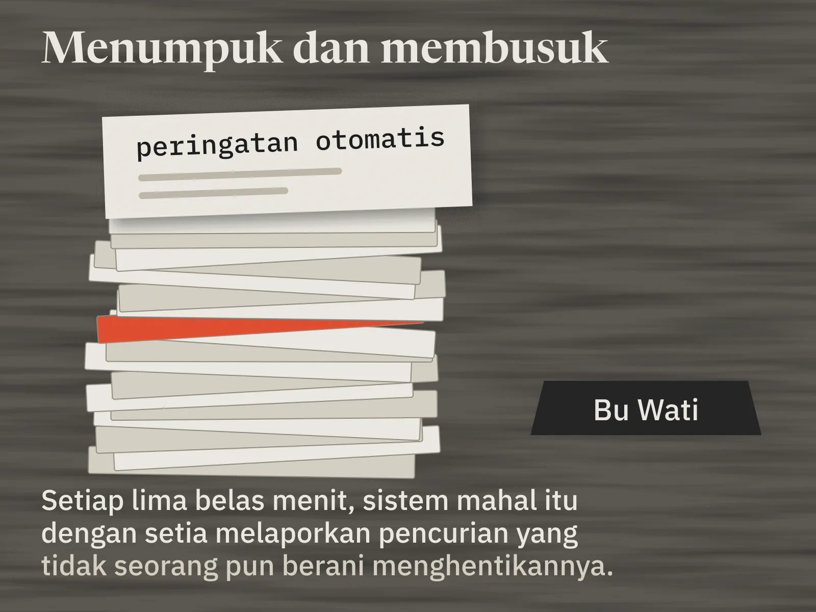 Tumpukan tinggi slip peringatan otomatis di meja berpapan nama Bu Wati. Di tengah tumpukan terselip satu slip merah, anomali yang benar-benar serius, tenggelam di antara yang diabaikan. Di bawahnya tertulis: setiap lima belas menit, sistem mahal itu dengan setia melaporkan pencurian yang tidak seorang pun berani menghentikannya.
