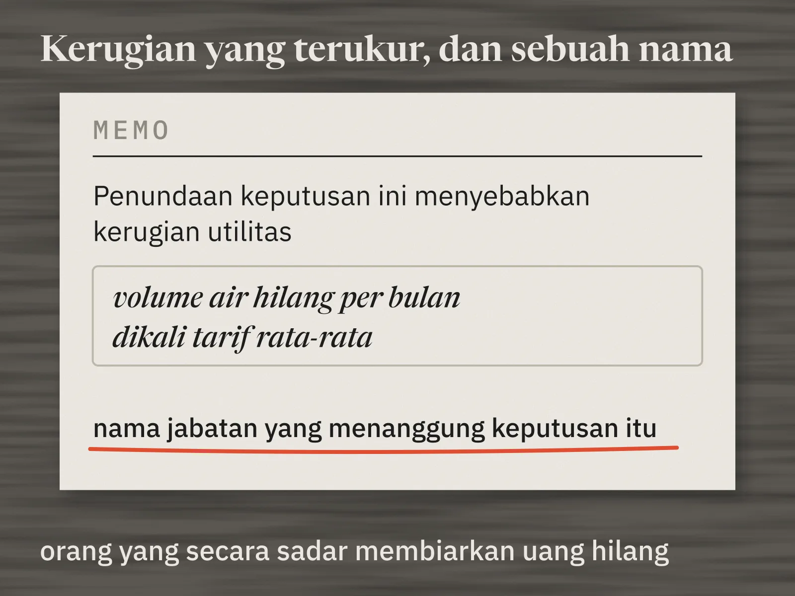 Memo bertuliskan penundaan keputusan ini menyebabkan kerugian utilitas, dengan rumus di dalam kotak: volume air hilang per bulan dikali tarif rata-rata. Baris terakhirnya, nama jabatan yang menanggung keputusan itu, digarisbawahi merah.